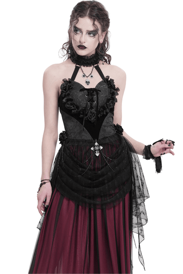 Gothic Black Lace Halter Top with Rose Details and Chains